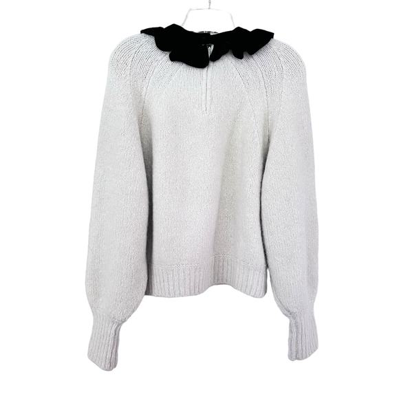 Zara White Knit Black Velvet Bow Collar Long Sleeve Pullover Sweater Medium - Picture 6 of 12
